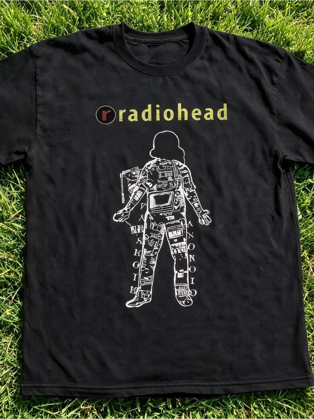 Y2K alt Radiohead pattern black unisex T-shirt, loose fit.